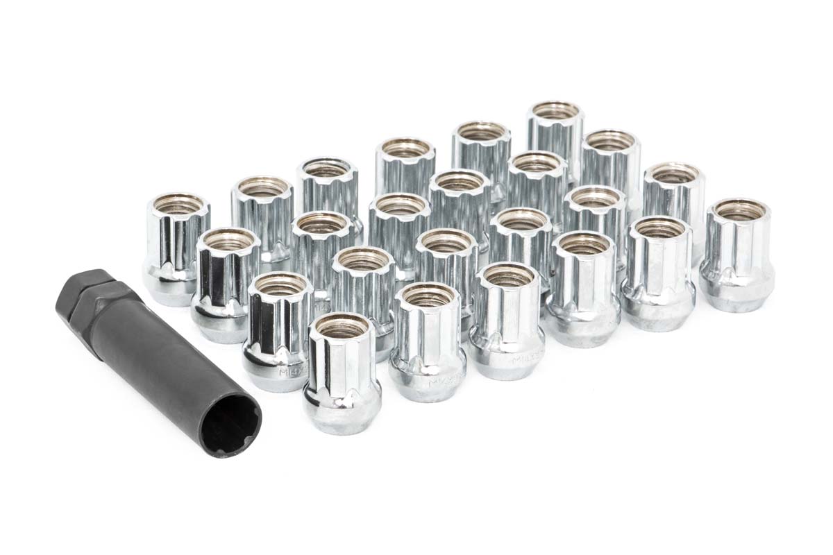 Ford F-350 Super Duty Lug Nut Set - Rough Country - Bulge Acorn Style, M14 x 2.0, Open End - Chrome - '99-'02